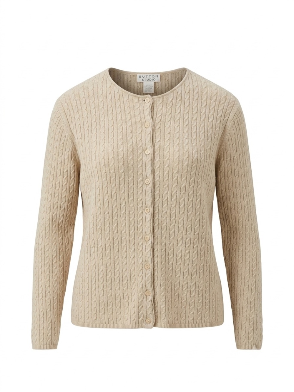 SUTTON STUDIO Silk Cashmere Cable Knit Cardigan Sweater Beige Sz Large Luxury
